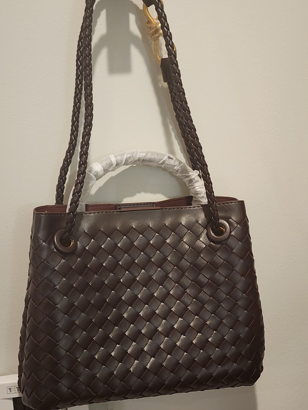 Woven Leather Tote Bag in Dark Brown - Women Bags